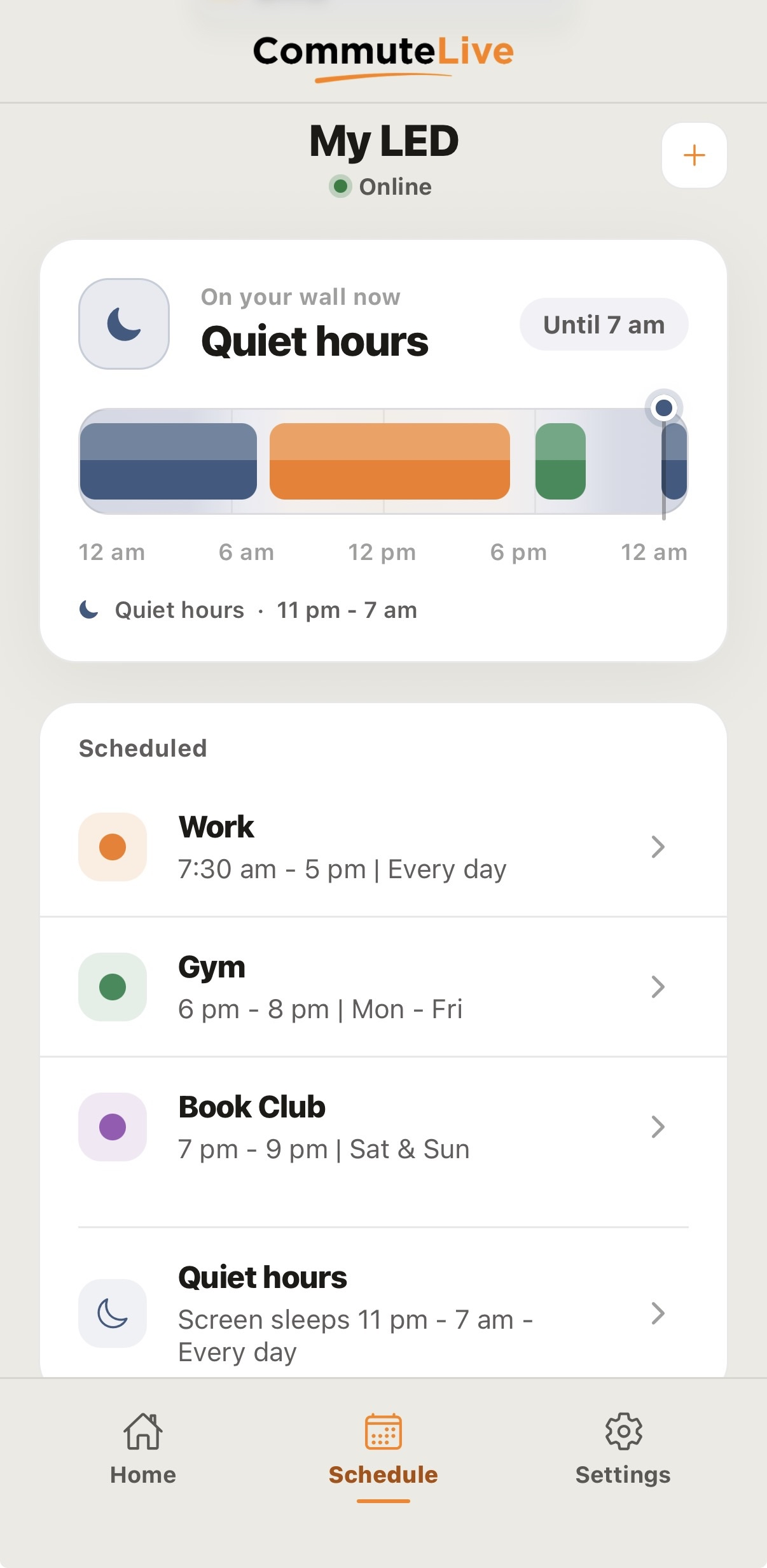 The CommuteLive app Schedule screen, showing quiet hours and scheduled routes for Work, Gym, and Book Club