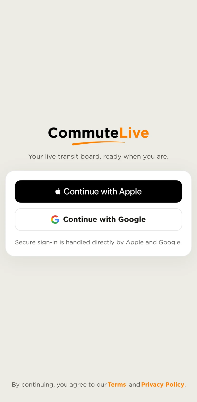 The CommuteLive app sign-in screen, with Continue with Apple and Continue with Google options