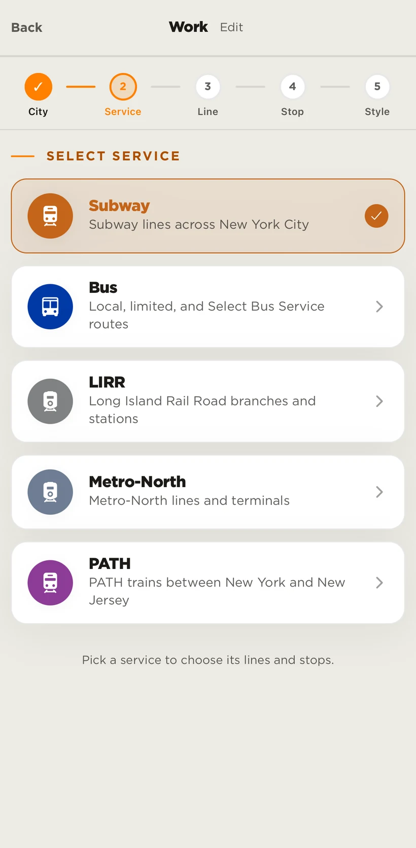 Choosing your transit service — Subway, Bus, LIRR, Metro-North, or PATH — in the CommuteLive app