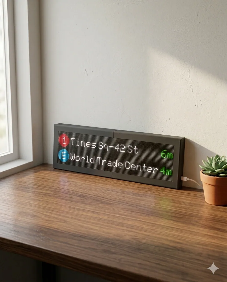 CommuteLive display on a wood desk in window light, showing live NYC subway arrivals