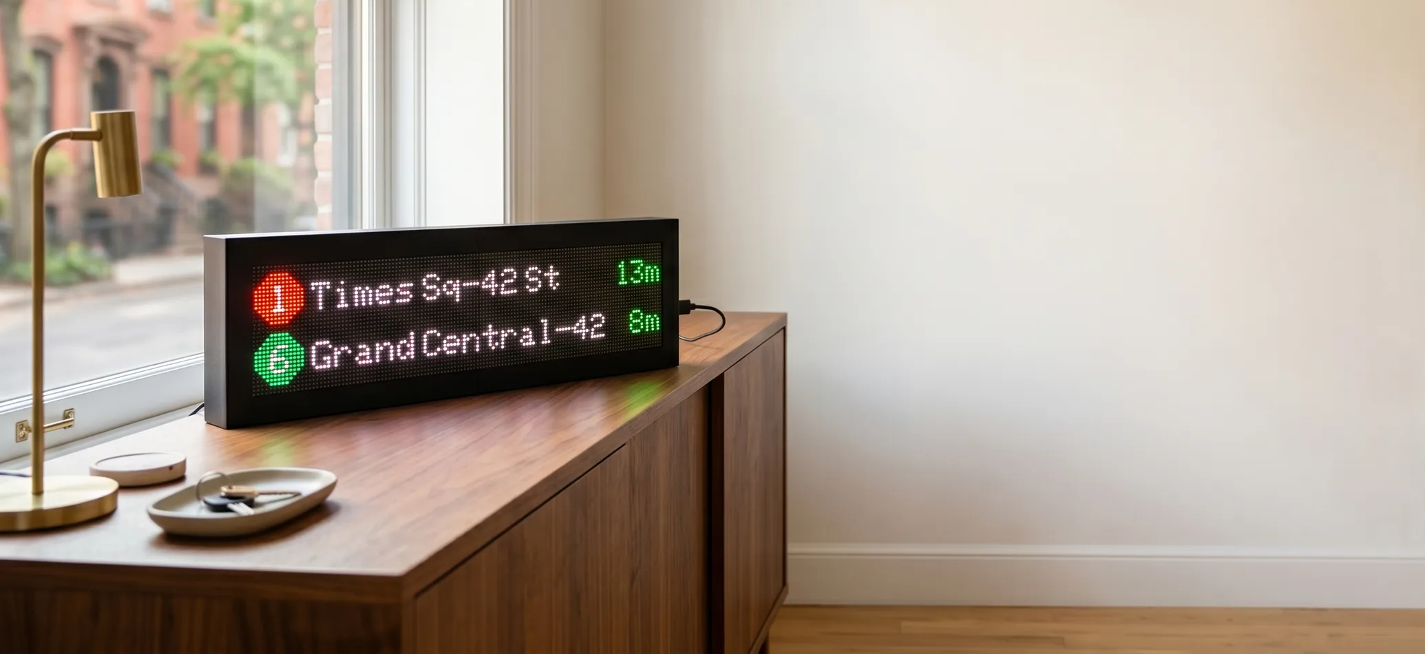 CommuteLive LED board on a walnut console by a sunlit window in a New York apartment, showing Times Sq-42 St in 13 minutes and Grand Central-42 in 8 minutes