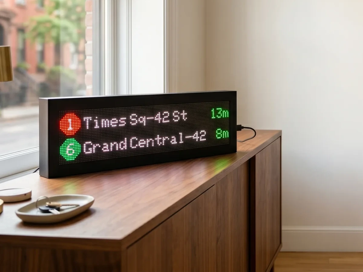 CommuteLive LED board on a console beside a New York apartment window, showing live subway arrivals